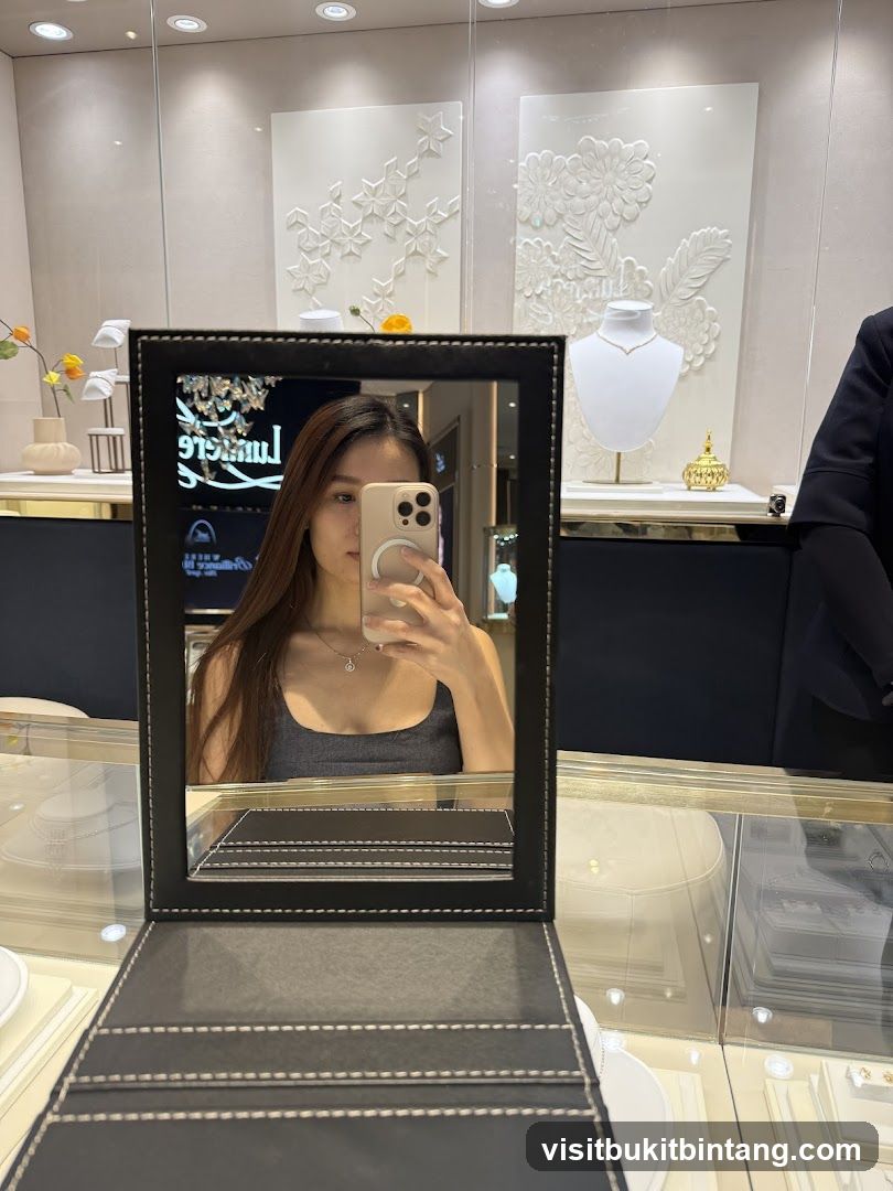 Woman taking a mirror selfie in a jewelry store