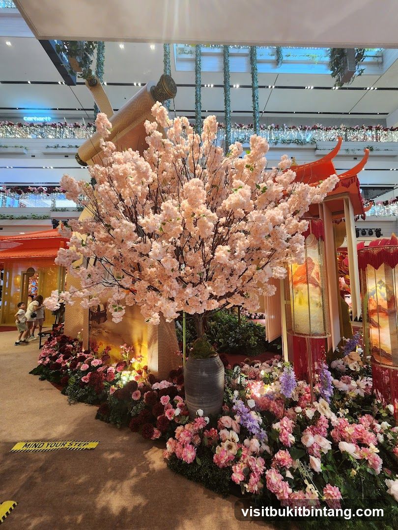Decorative Display with Cherry Blossoms and Lanterns