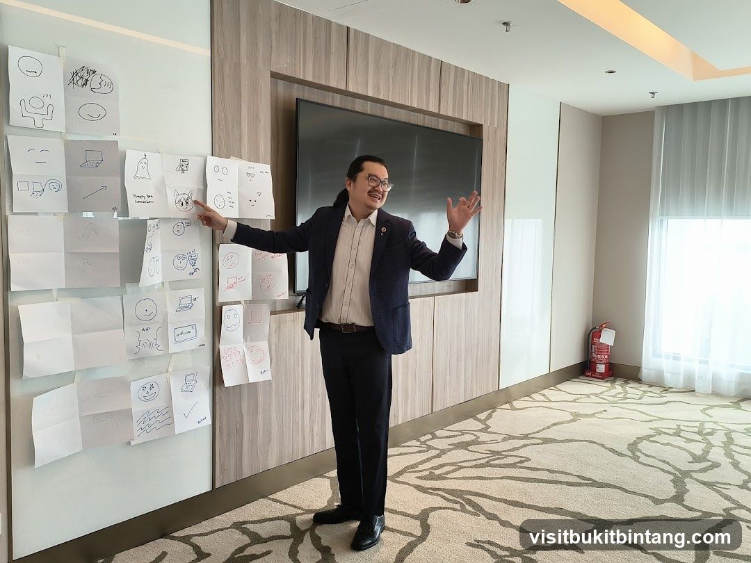 Man presenting drawings on a wall