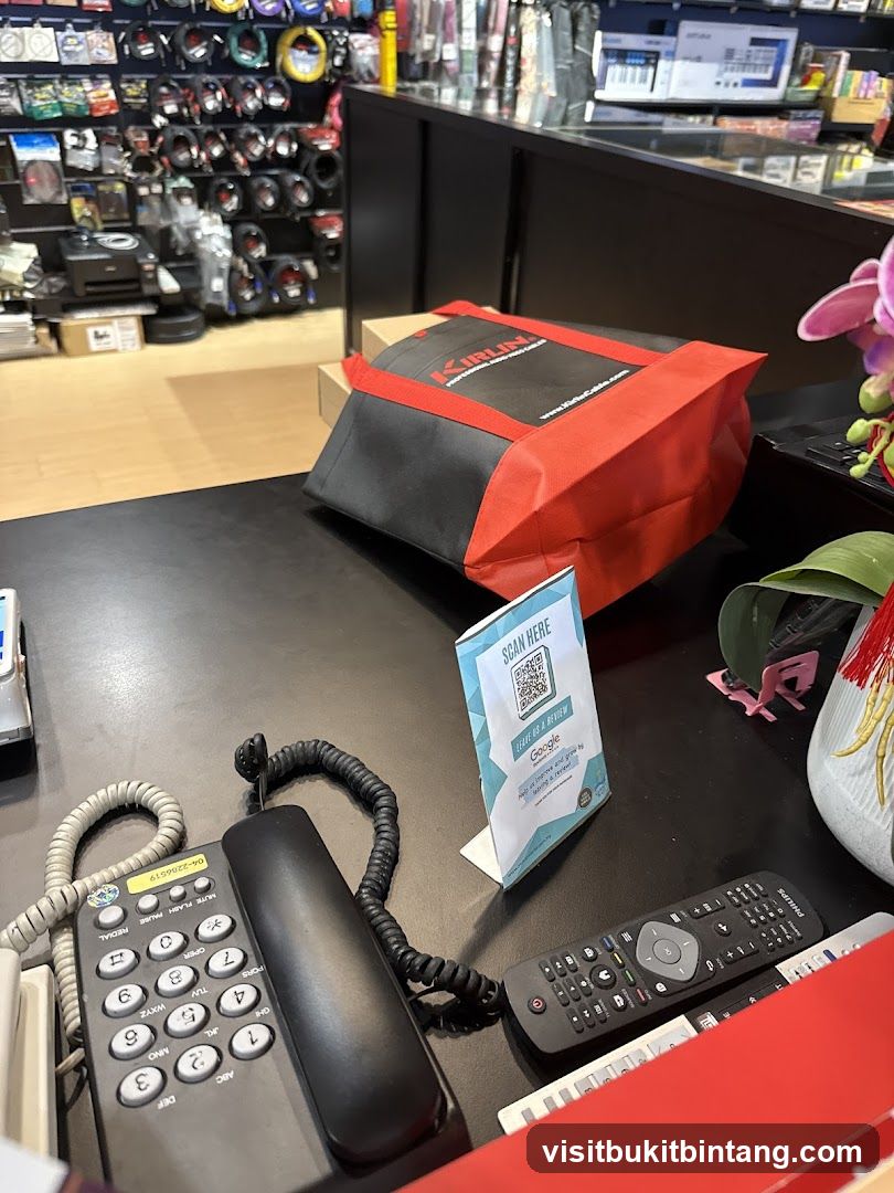 Counter with phone and bag