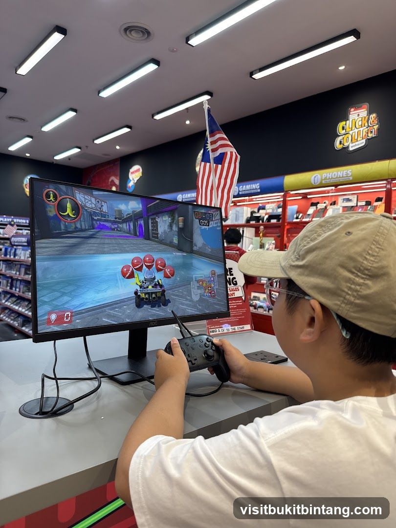 Boy playing video game in store