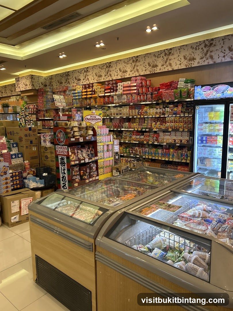 Supermarket aisle with frozen goods and shelves of snacks