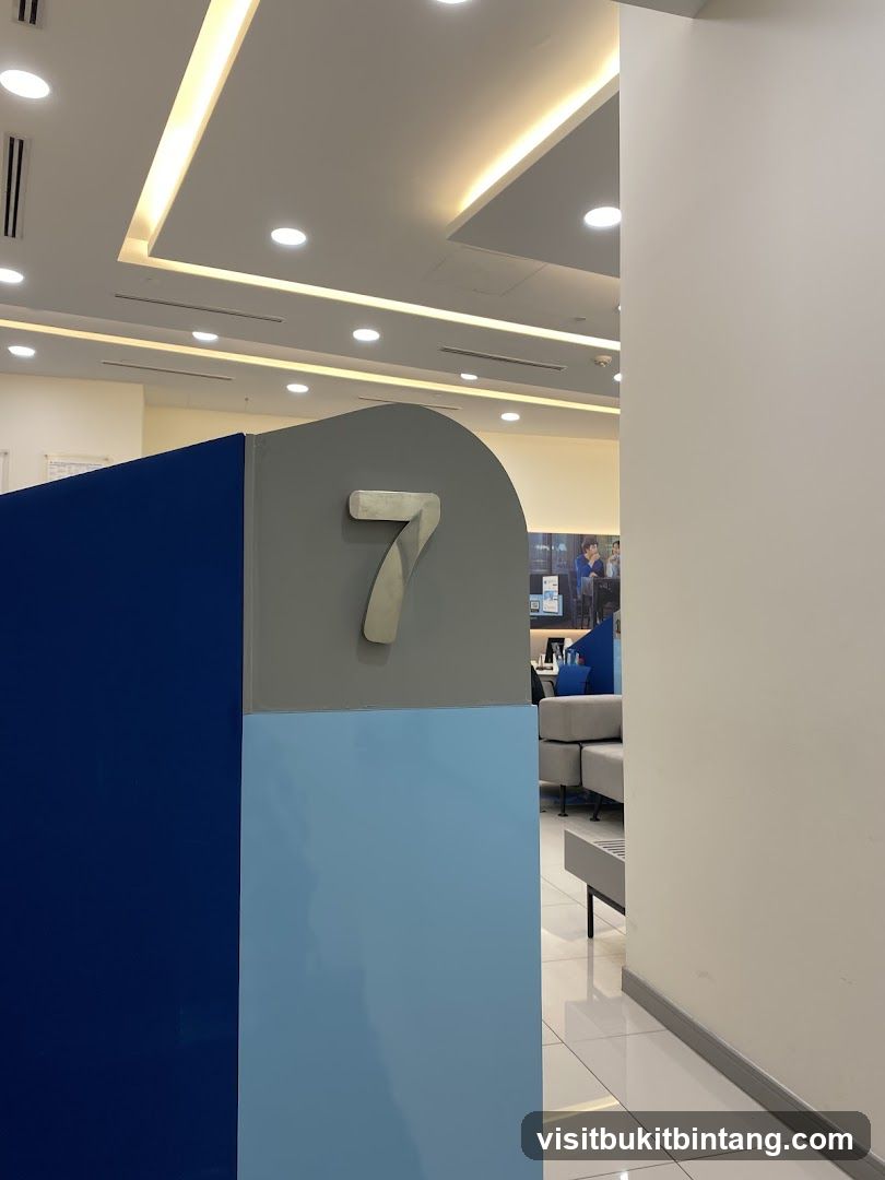 Interior of a modern space with a large number 7