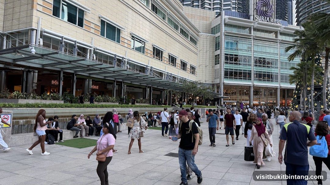 People walking in front of a large shopping mall