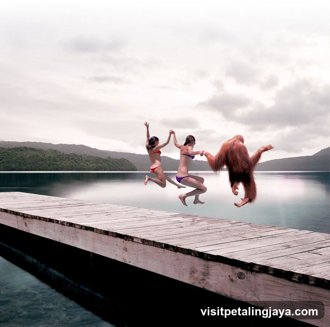 People Jumping Off a Dock with an Orangutan