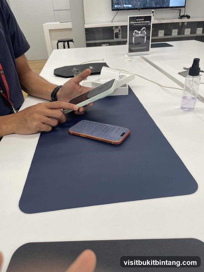 Hands holding a phone in a store