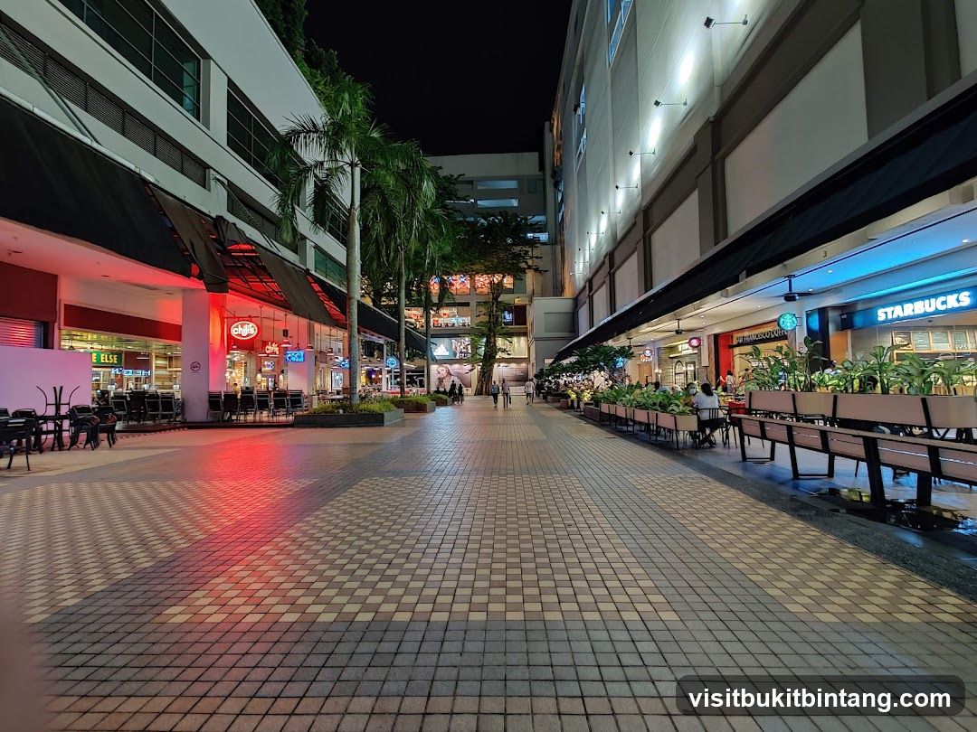 Outdoor dining area at night