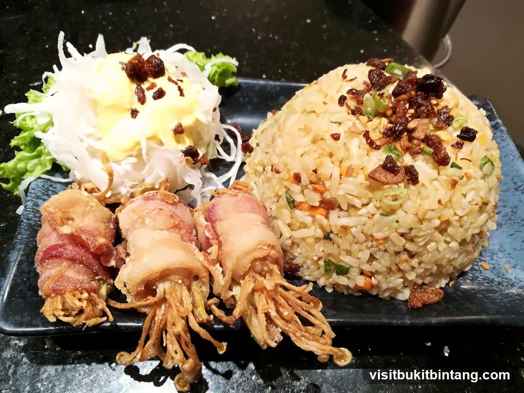Enoki Bacon with Fried Rice and Salad