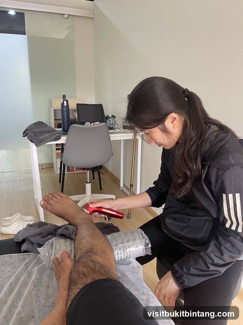 Therapist using a device on a patient's leg