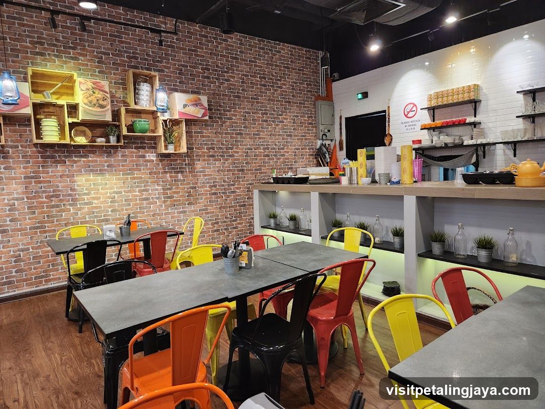 Restaurant Interior with Brick Wall and Colorful Chairs