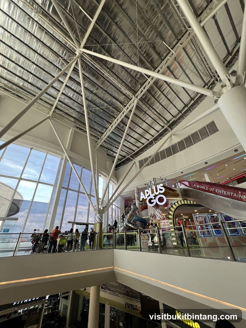 Interior of a modern shopping mall with a large atrium and entertainment area