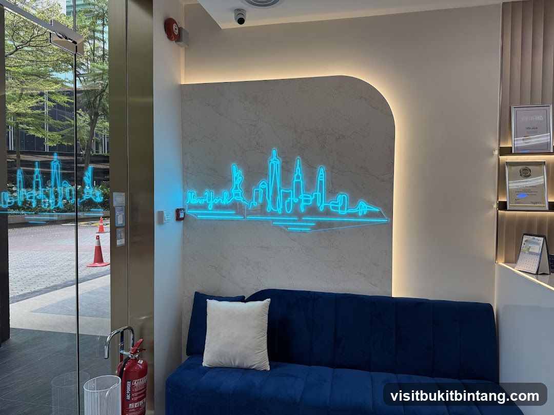 Modern Waiting Area with Neon Skyline