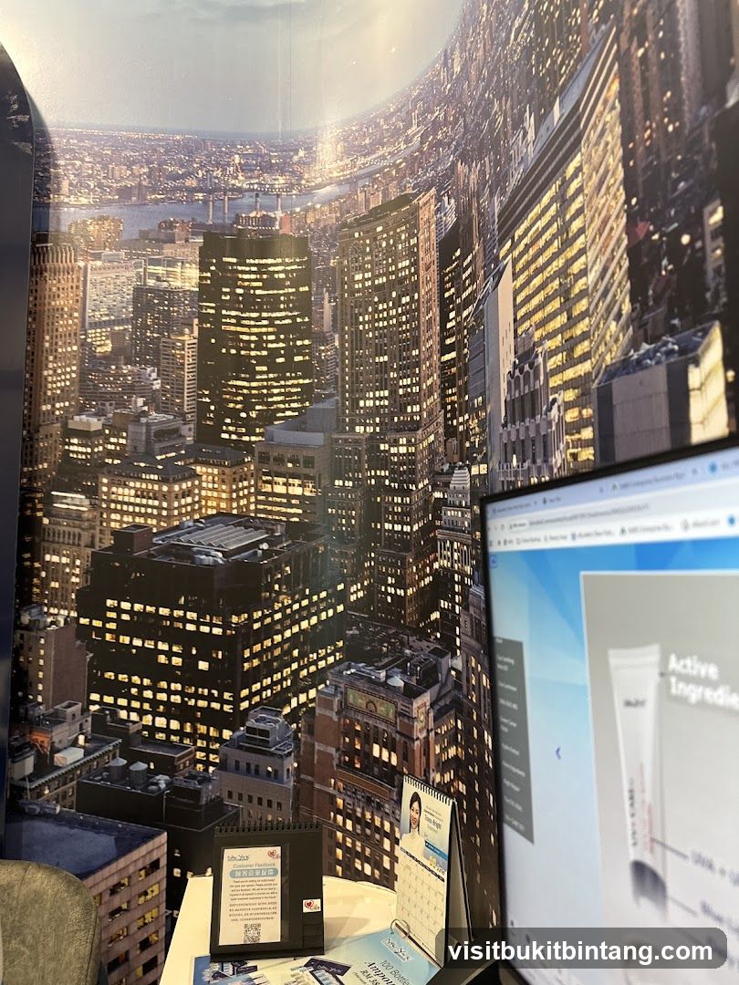 Office desk with city skyline wallpaper