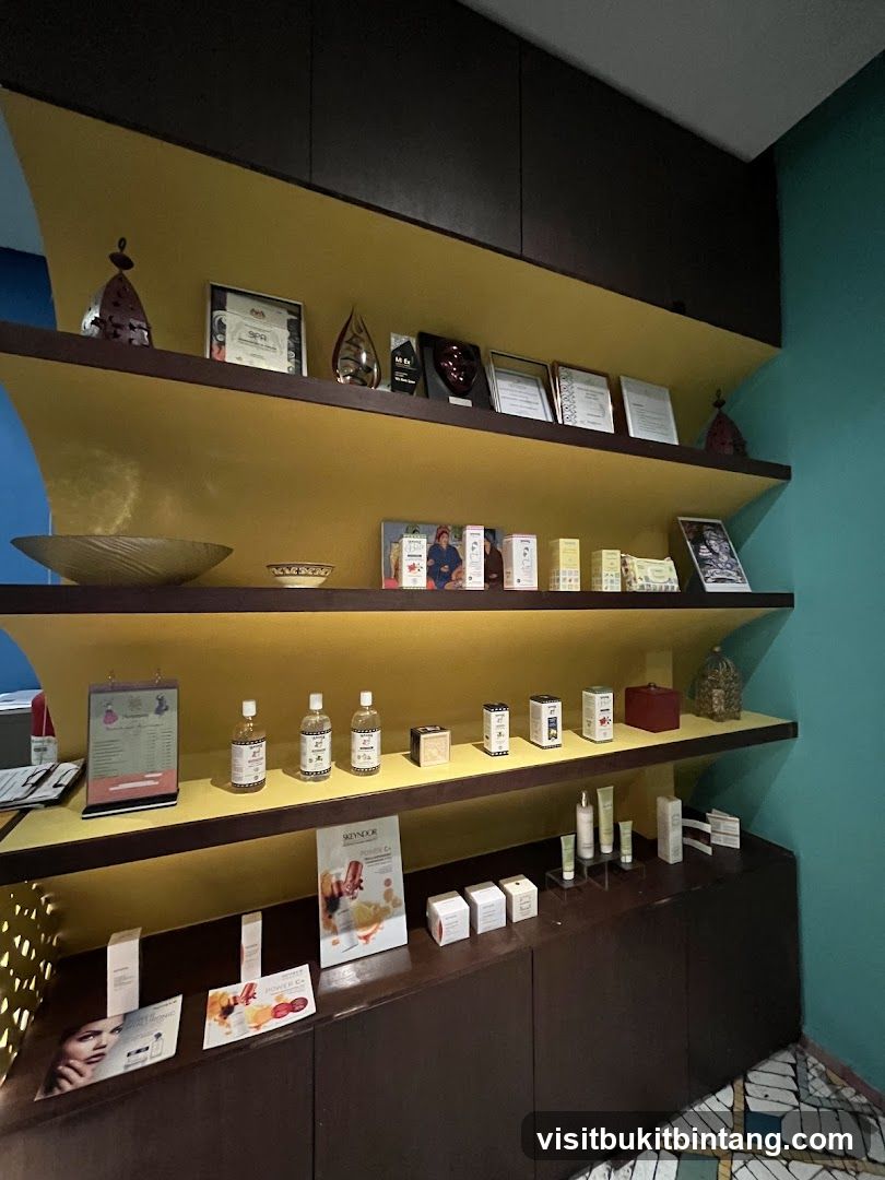 Shelves with beauty products and awards