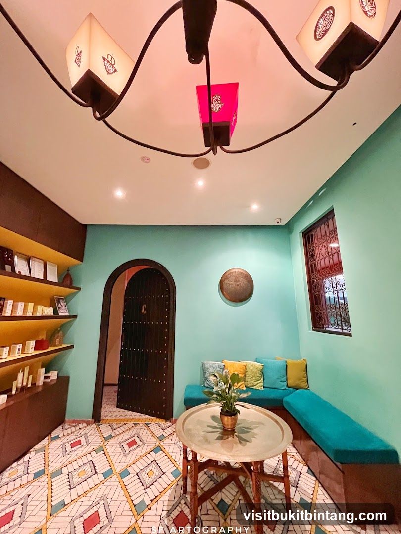 Moroccan-inspired interior with seating and shelves