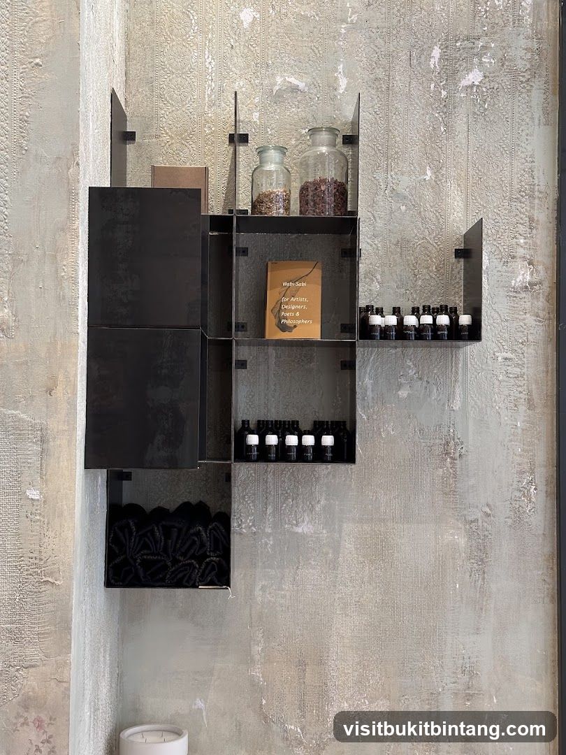 Display shelf with bottles and jars