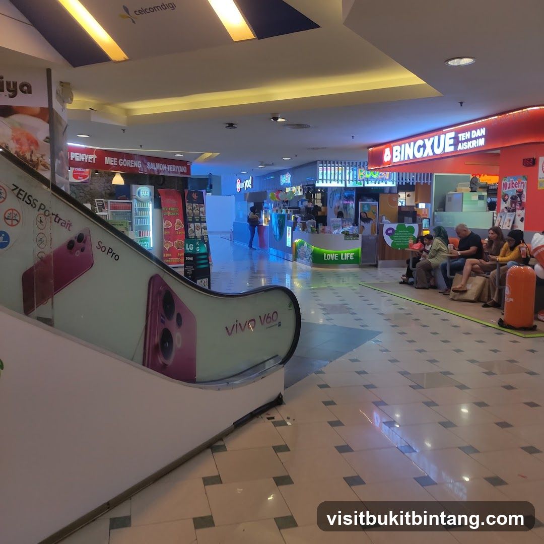 Mall Interior with Food Stalls and Escalator
