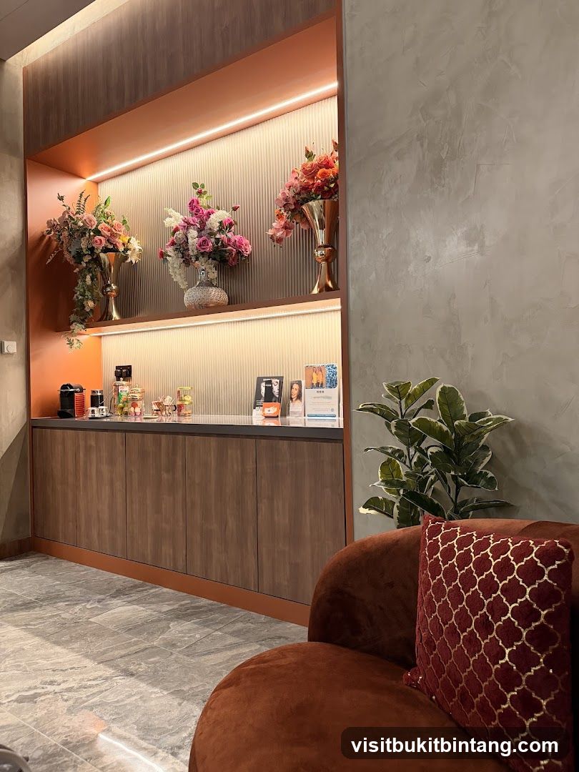 Interior of a waiting area with floral arrangements and a coffee station