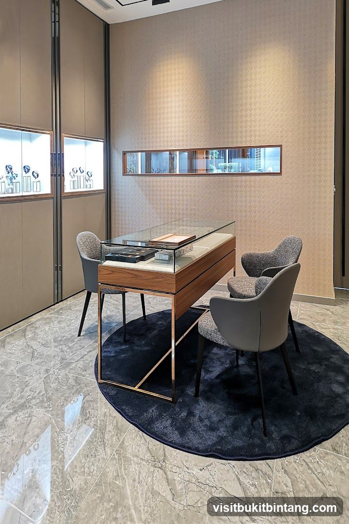 Jewelry store interior with display cases and seating