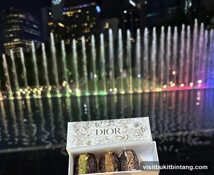 Dior chocolates in front of a fountain