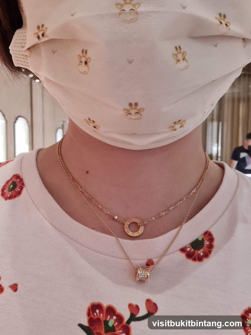 Woman wearing necklaces and a mask