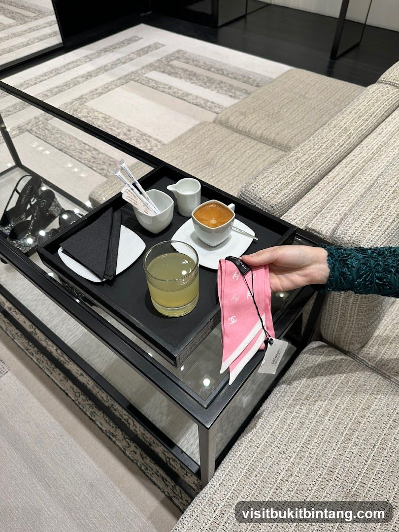 Chanel scarf with coffee and drink