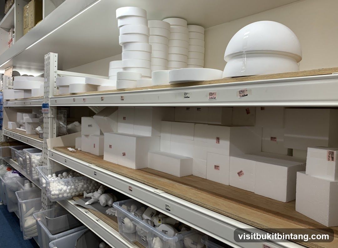 Storage shelves with white packaging materials