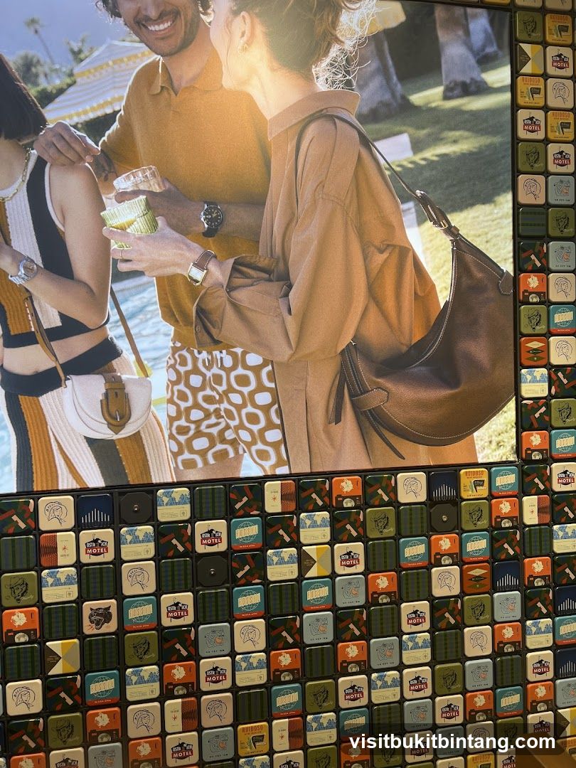 People with bags and patterned tiles