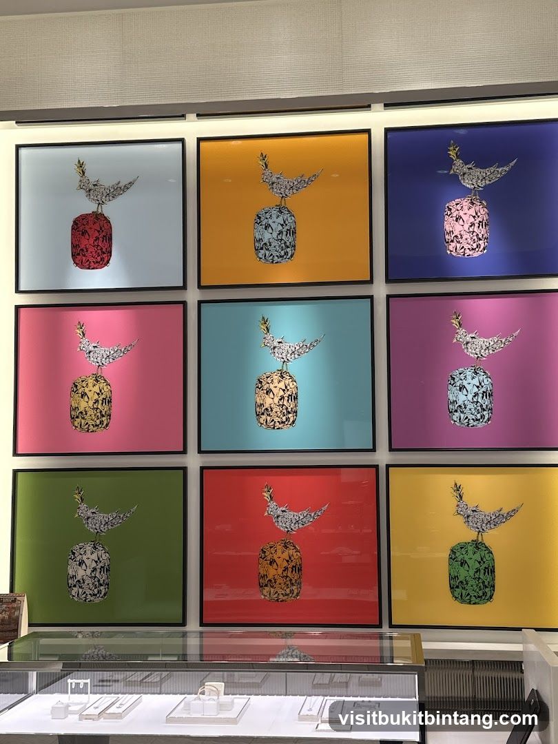 Nine framed artworks of a bird on a pedestal