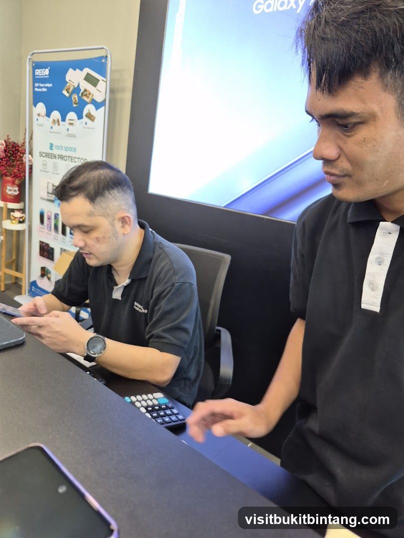 Two men at a counter with a large screen