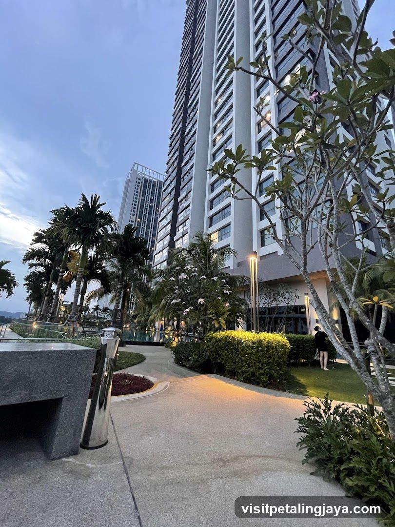 Evening View of High-Rise Building Entrance