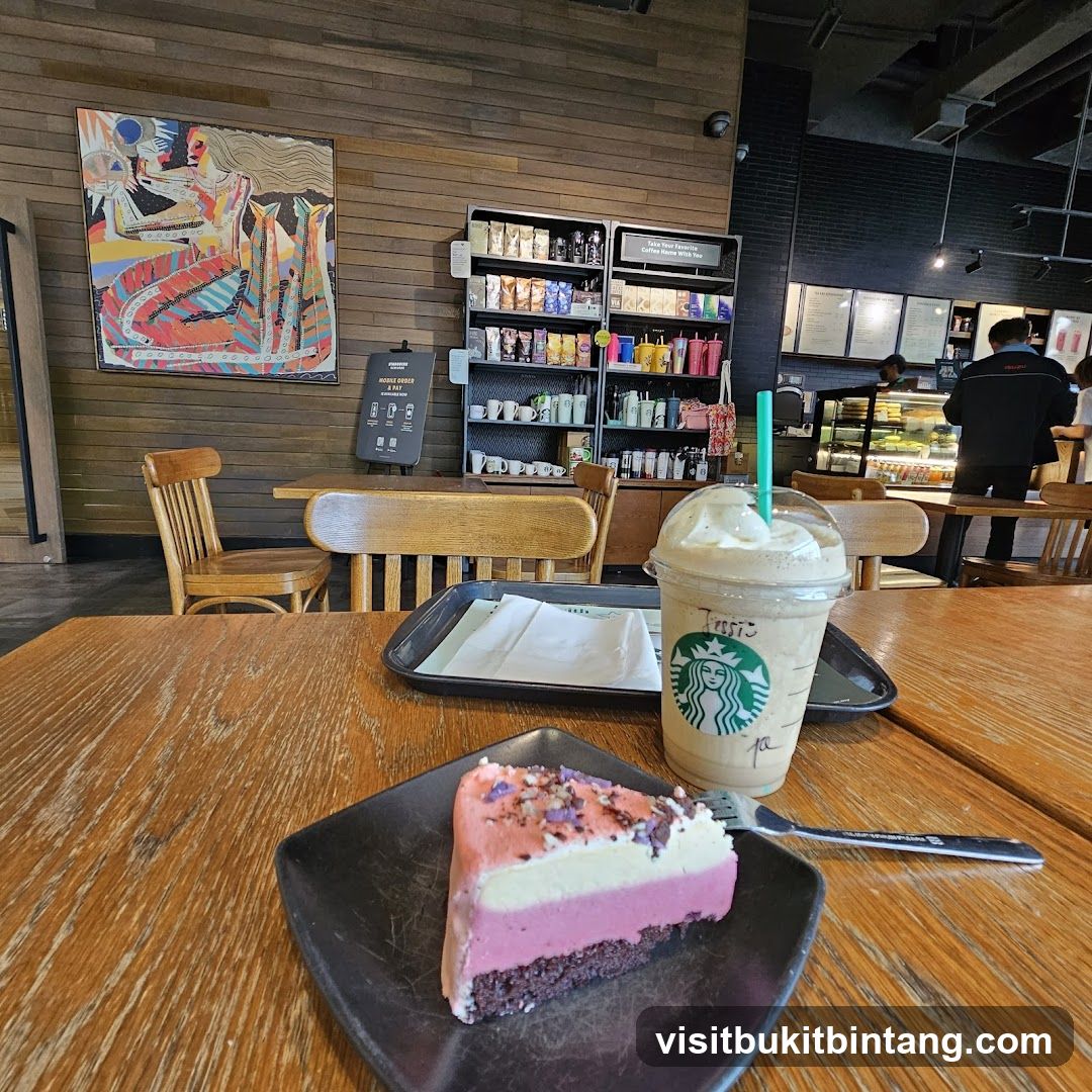 Starbucks Interior with Cake and Drink