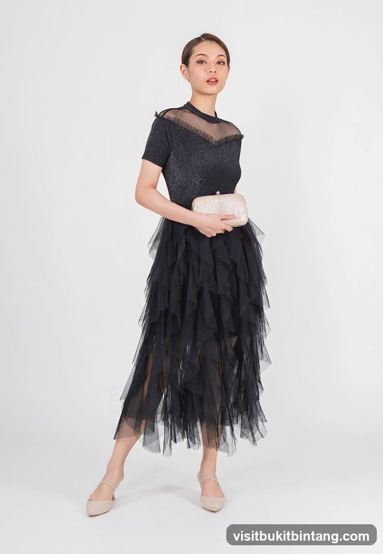 Woman in Black Tulle Dress and Clutch