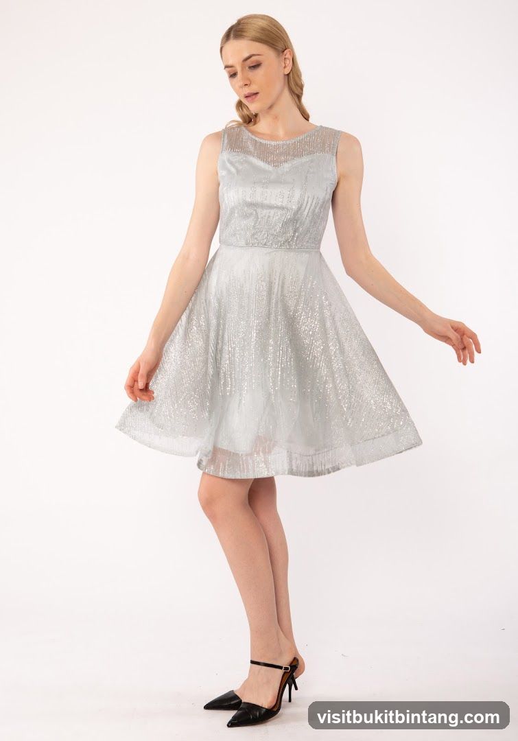 Woman in a silver sparkly dress