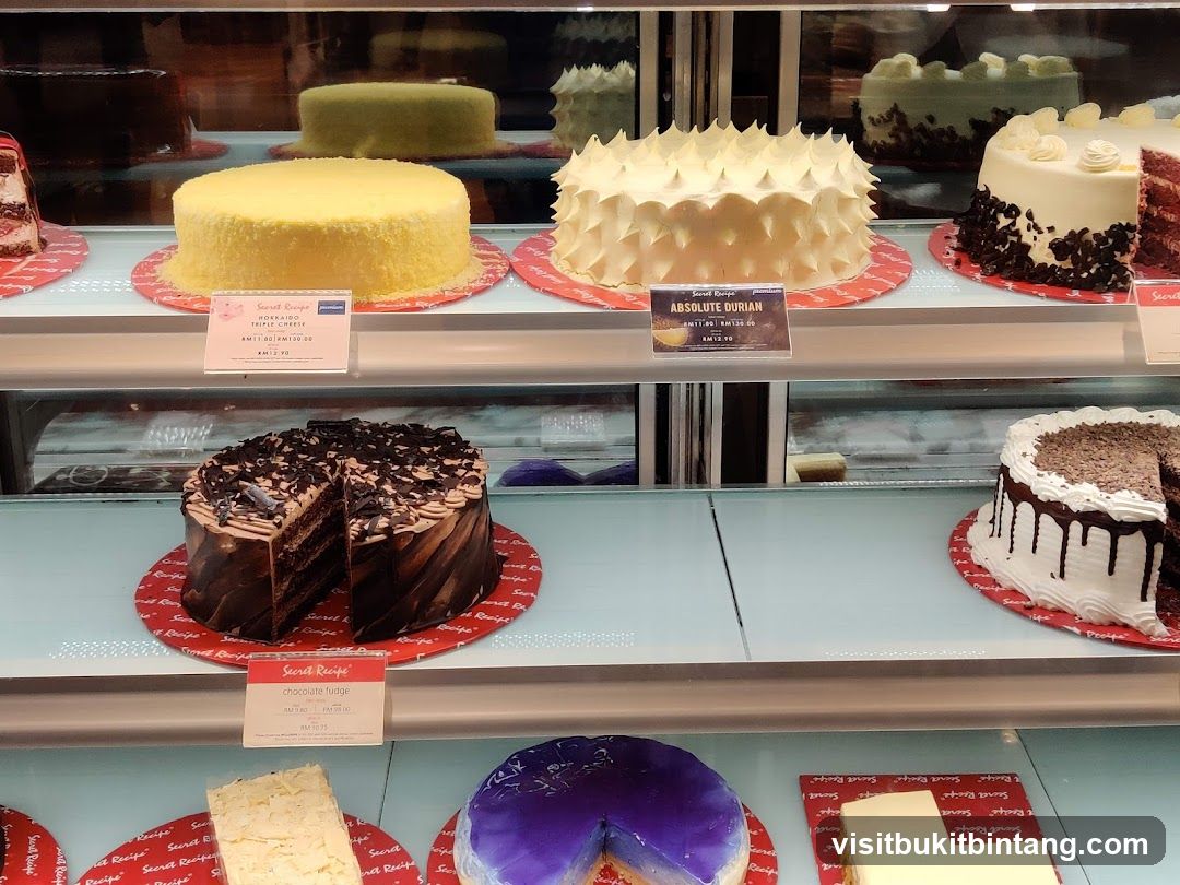 Cakes in a display case