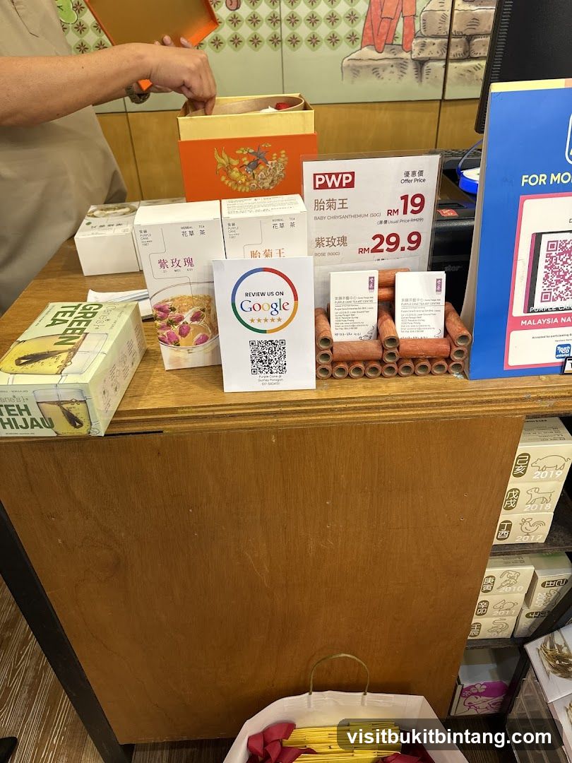 Counter display with tea products and promotional signs