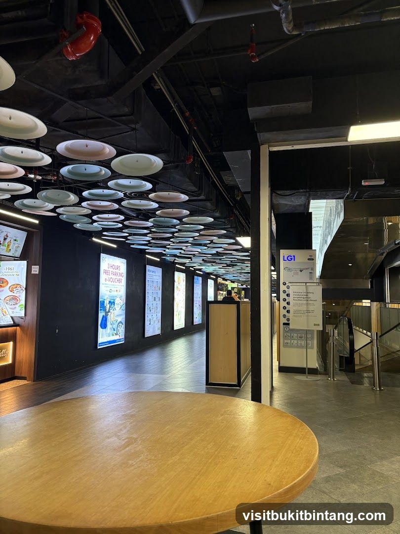 Indoor walkway with decorative ceiling and signage