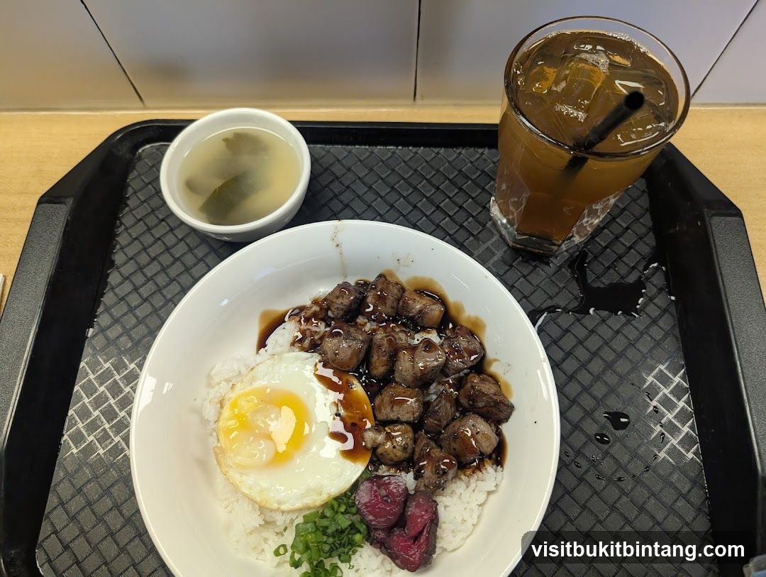 Beef and Rice Bowl with Fried Egg and Soup