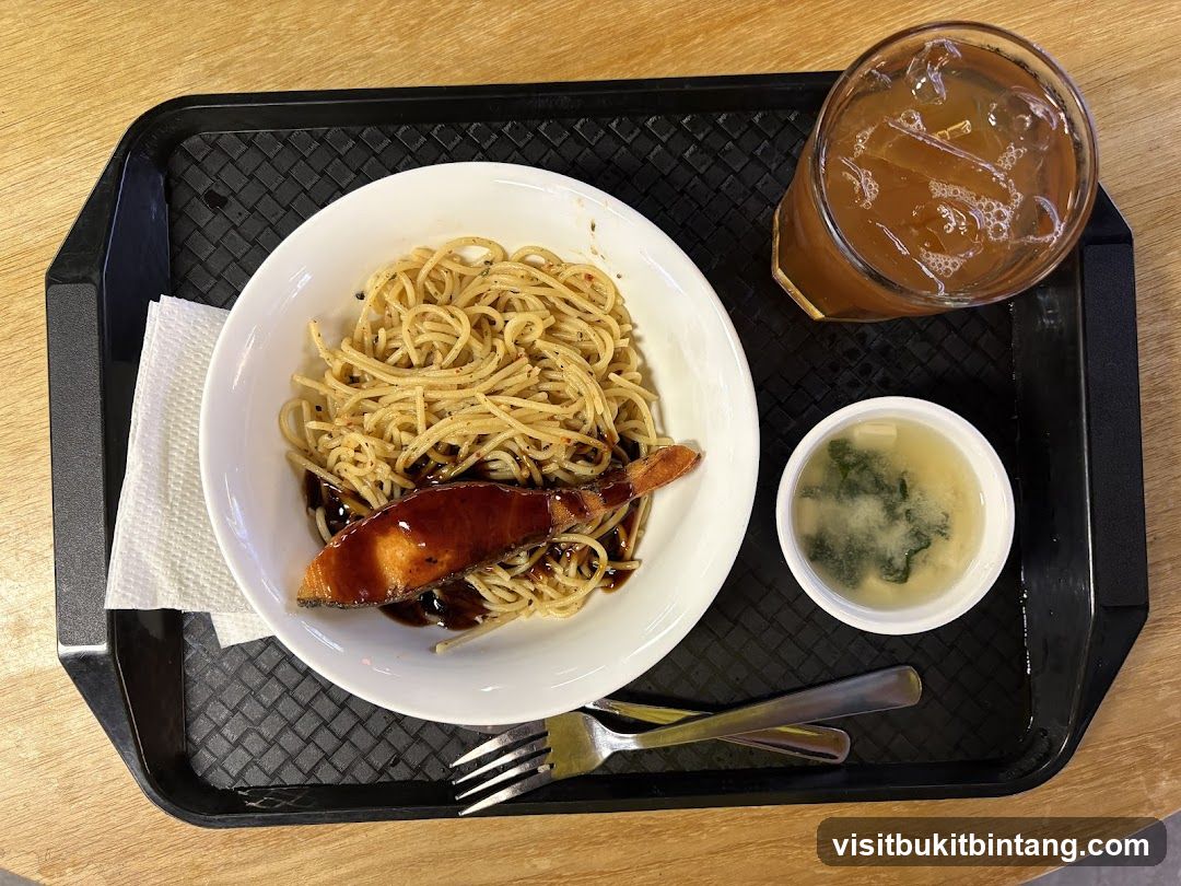 Salmon Spaghetti with Miso Soup and Iced Tea
