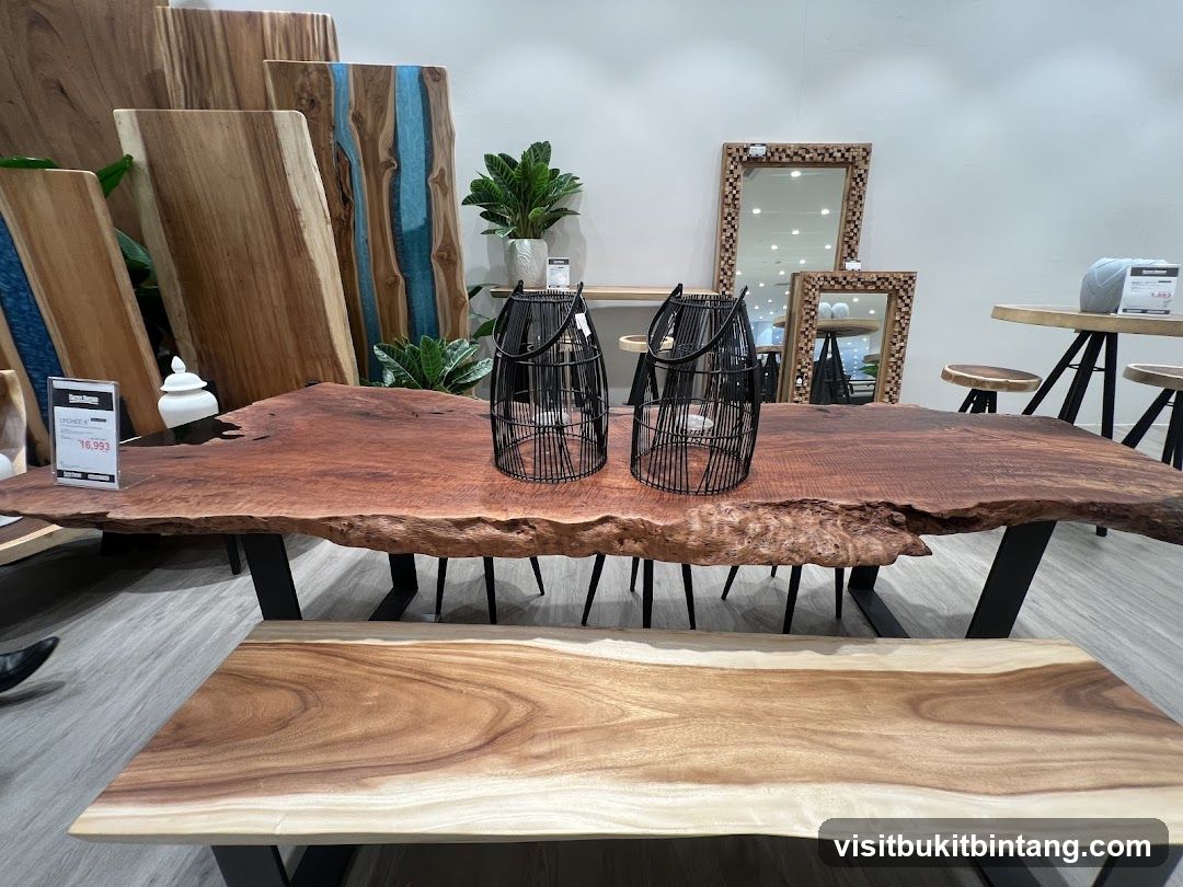 Live-edge dining set with decorative lanterns