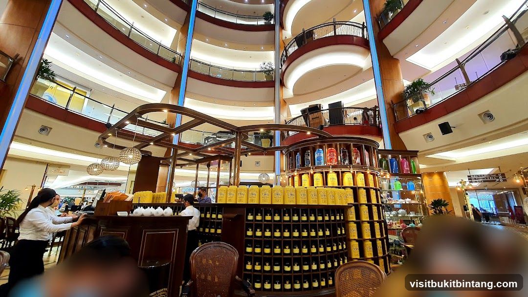 Tea shop interior with tiered displays of tea canisters