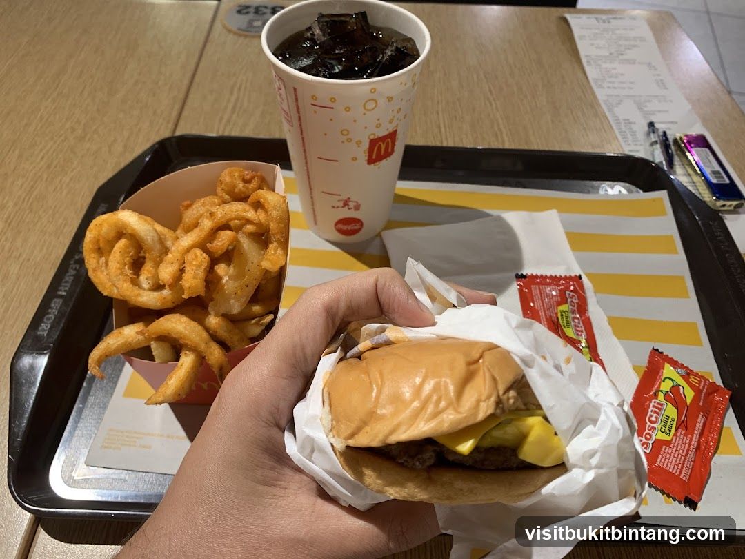 Burger, Curly Fries, and Drink