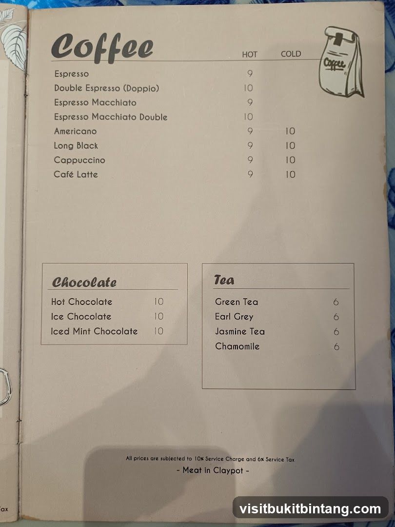 Coffee, Chocolate, Tea Menu