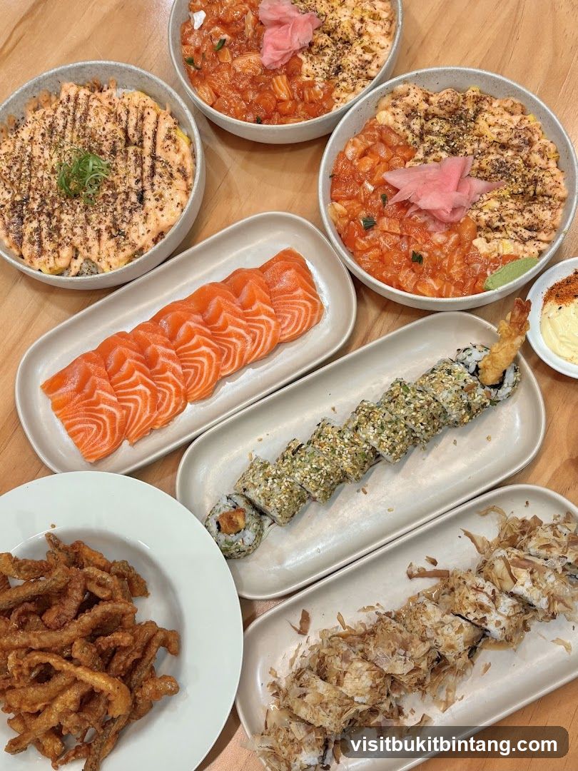 Assortment of Salmon Dishes and Sushi
