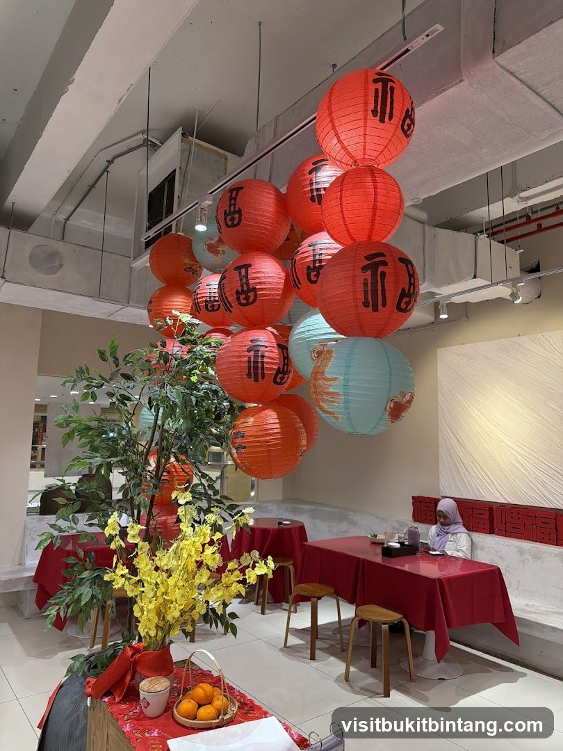 Restaurant interior decorated with lanterns and flowers