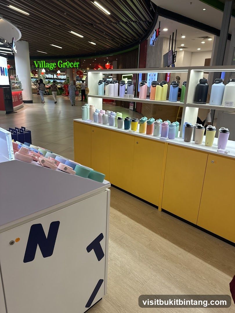Display of colorful water bottles and tumblers
