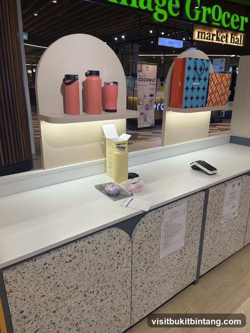 Display of water bottles and shopping bags
