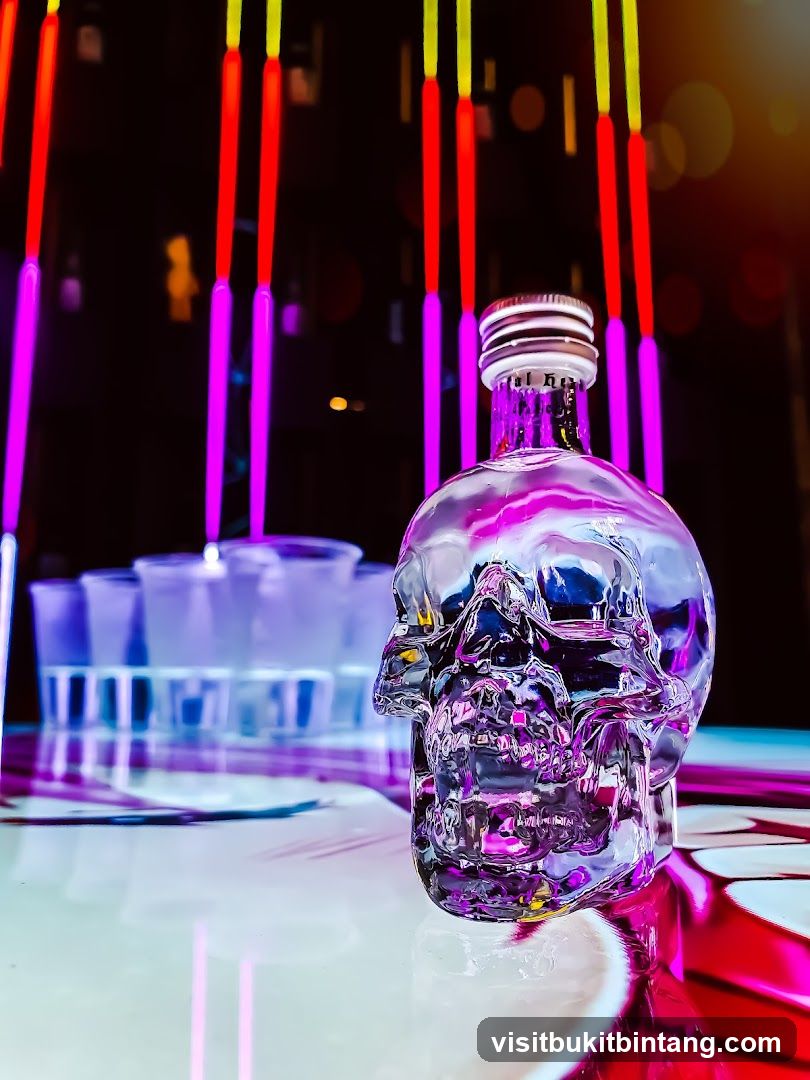Skull-shaped vodka bottle and shot glasses