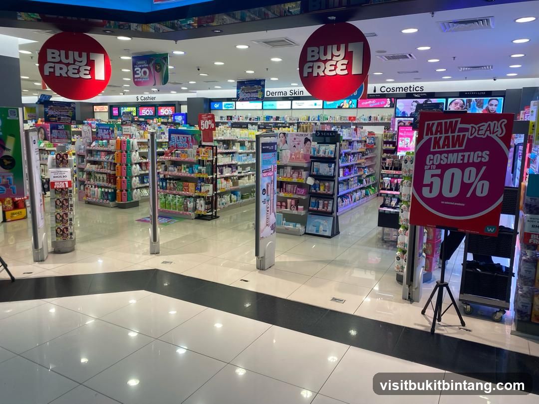 Pharmacy interior with promotional displays