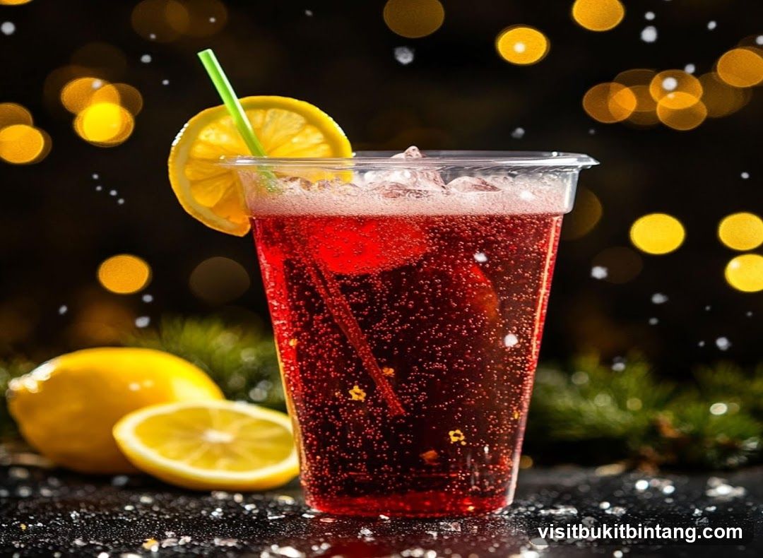 Red Drink with Lemon and Festive Bokeh